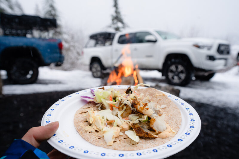 making fish taco with Toyota Tacoma in snow