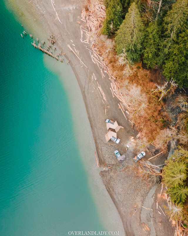camping by lake drone shot